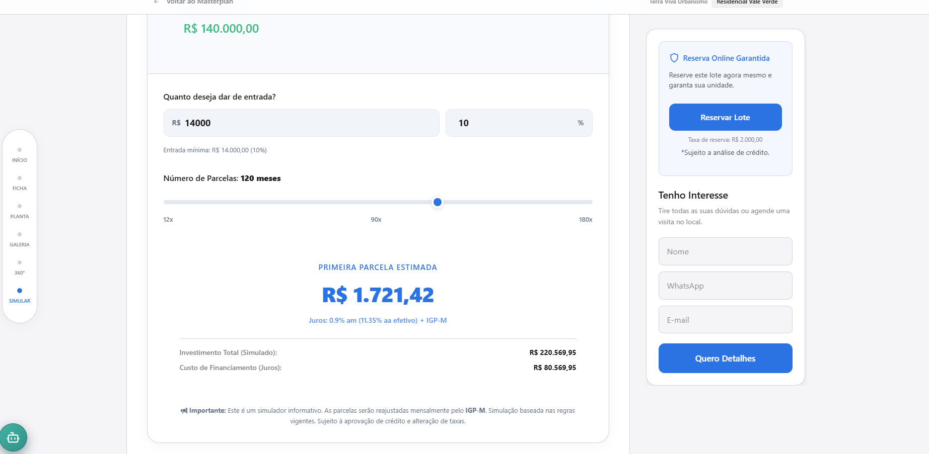 Simulador financeiro do lote